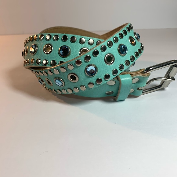 Leatherock Accessories - Leather Rock Aqua Leather Belt w/ Rhinestone/Studs